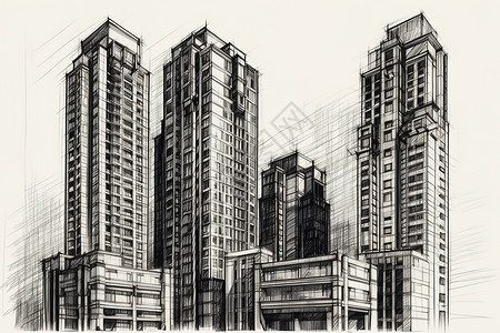 高楼黑白黑白素描建筑插画