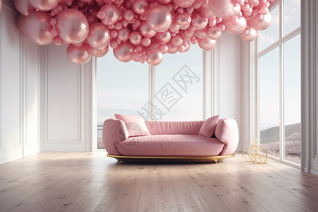 悬挂照片粉色气球沙发插画