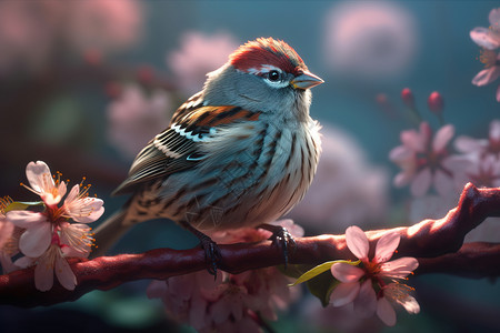 手绘一簇樱花树枝上的小鸟背景