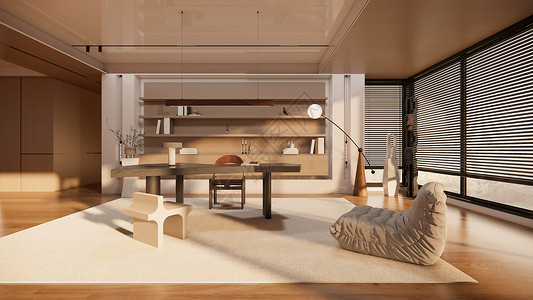 木质长桌现代木色系书房设计图片