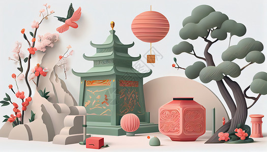 中国浮雕中式立体风景插画