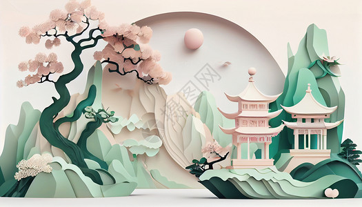 中国浮雕立体风景插画