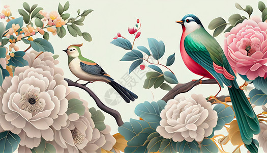 牡丹鹦鹉中式水墨花鸟绘画插画