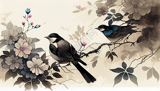 中式水墨花鸟绘画图片