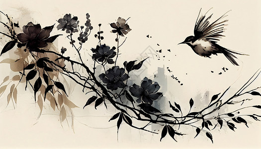 中式水墨花鸟绘画背景图片