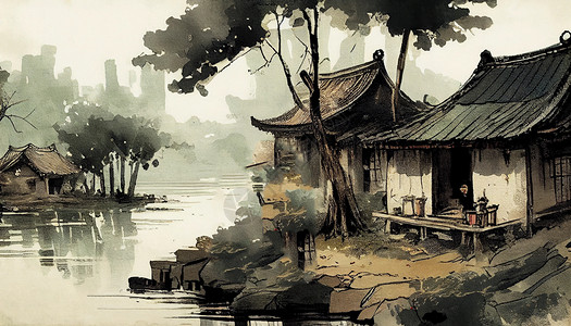 中式水墨风景绘画图片