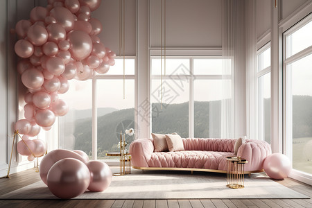 粉色气球装饰的白色客厅图片