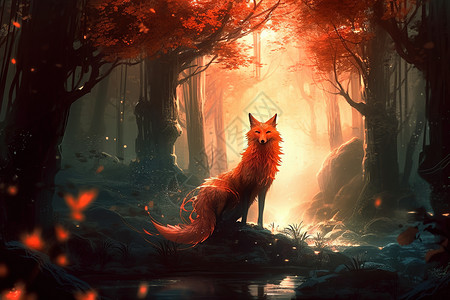 一只孤独的红狐插画