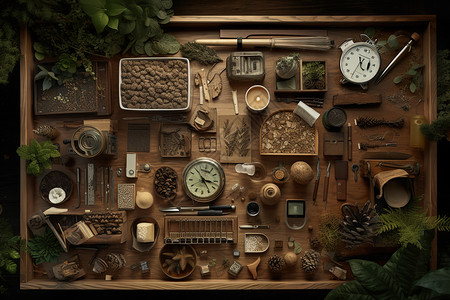 钟表数字木制柜里的繁多工具数字意思插画
