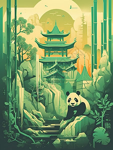 古建筑竹林熊猫图片