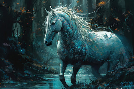 新森林小马水里奔跑的马插画