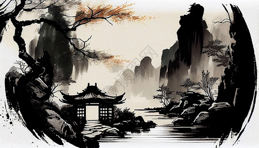 中式水墨山水风景绘画背景图片