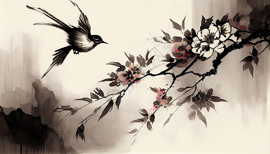 中式水墨花鸟风景绘画图片