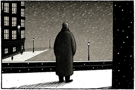 黑白孤独穿大衣的老头插画