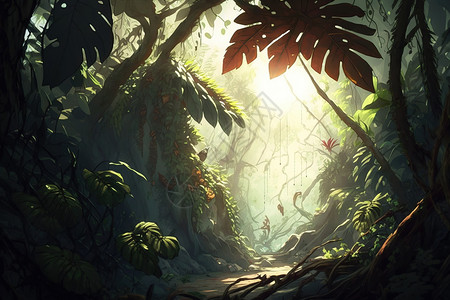阳光照射的丛林小路背景图片