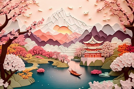 浮雕壁画粉色简约唯美立体山水风景插画