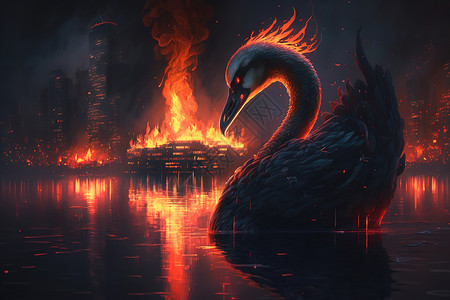 水中黑天鹅城市毁灭被火焚烧的鸟插画
