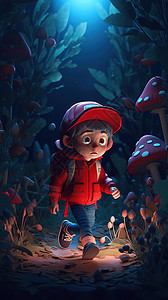 红衣小男孩森林里的红衣男孩插画