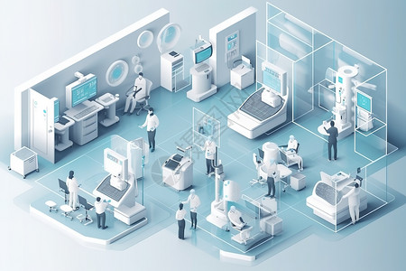 外科设备2.5D科技智能医疗保健治疗中心插画