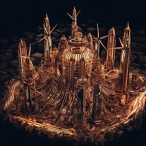 城市近景风车环绕的大型建筑模型插画