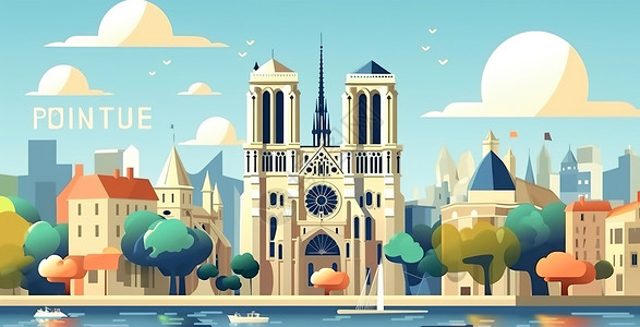 圣母院欧洲城市风景建筑插画