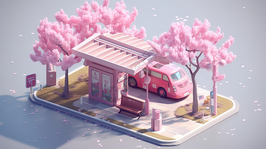 粉色公交站台模型图片