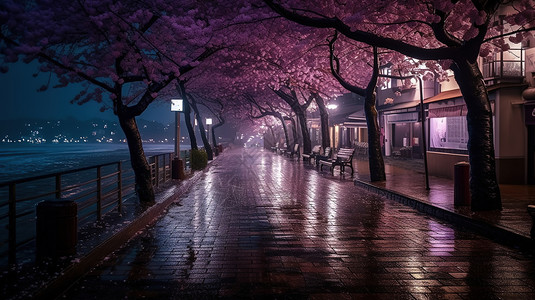 樱花树街道图片