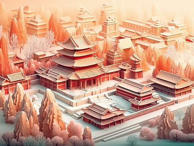 山宫殿中式宫殿雪景插画