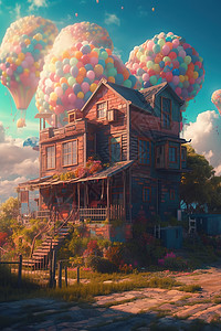 彩色木屋彩色气球群下的梦幻木屋插画