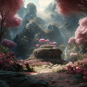 山谷里的粉色花树背景图片