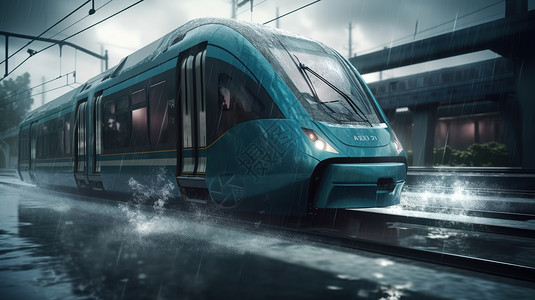 雨天未来式轨道列车高清图片