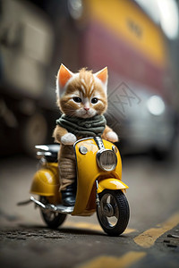 骑小摩托的可爱小猫图片