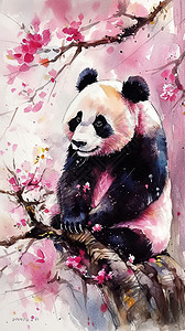 水彩樱花树与熊猫图片