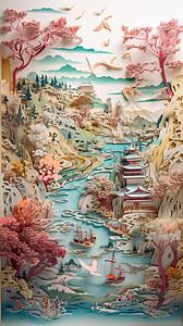 流水墙剪纸风高山流水插画