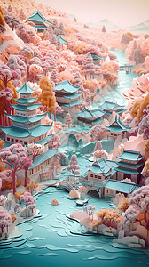 中式剪纸风景图背景图片