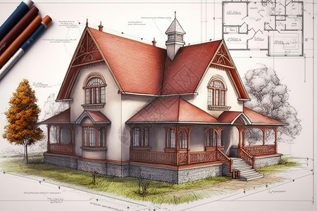 CAD线条图房屋效果图插画