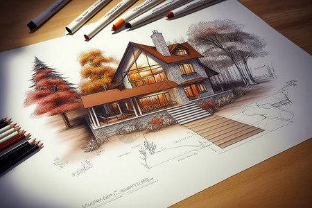 CAD线条图手绘房屋效果插画