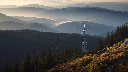 可再生资源照片质感山脉上的风车插画