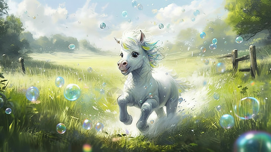 草地上玩耍的小白马背景图片