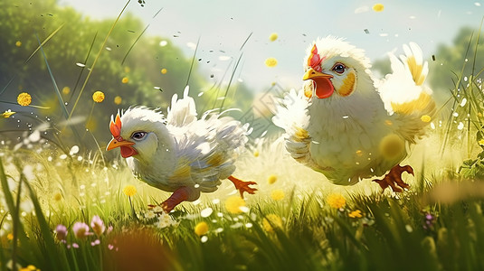 两只鸡油画背景图片