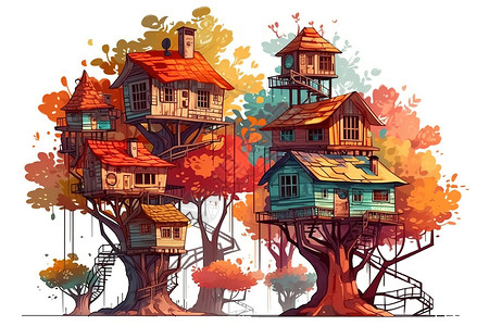 马克笔树屋彩绘背景图片