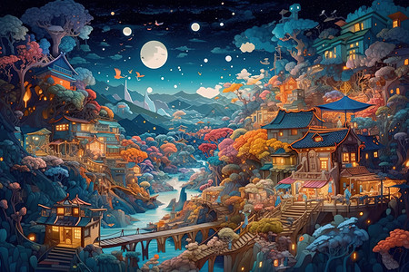 国潮赏月夜光风景图片