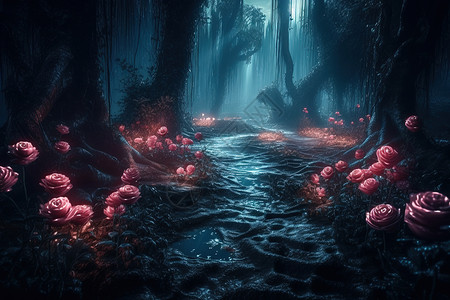 神秘夜光玫瑰小径背景图片