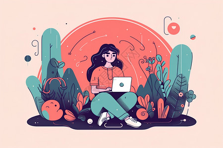女生用电脑学习用电脑的女生插画