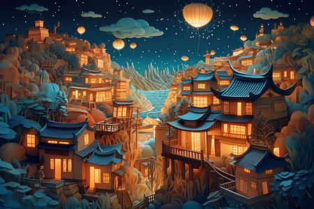 中式繁华夜色背景图片