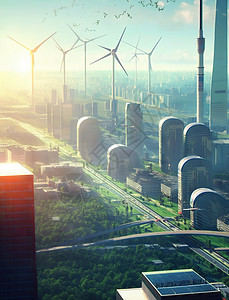 城市太阳升起城市新能源场景插画
