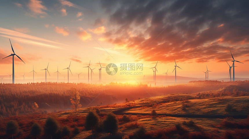 夕阳下的新能源动力发电图片