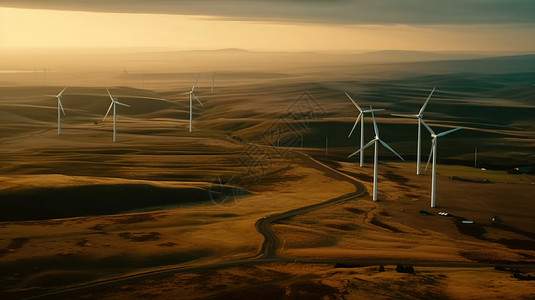 创新能源草原背景下的风车特写场景插画