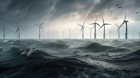 海上风车海上风力发电场景插画