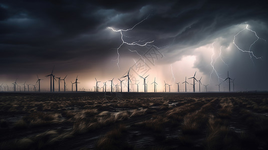 雷电下的风力发电机背景图片